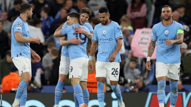 Manchester City players celebrate their win against Real Madrid