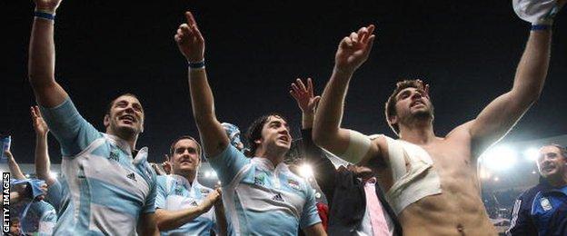 Argentina players celebrate finishing third at the 2007 Rugby World Cup