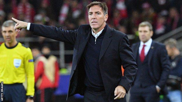 Eduardo Berizzo directs his Sevilla players during a match against Spartak Moscow