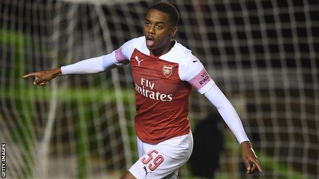 Joe Willock celebrates a goal for Arsenal Under-21s against Forest Green Rovers