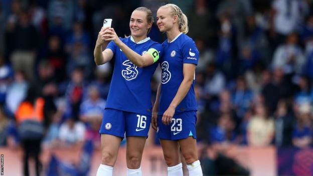 Pernille Harder and Magdalena Eriksson instrumentality     a selfie aft  Chelsea's triumph   implicit    Arsenal successful  May.