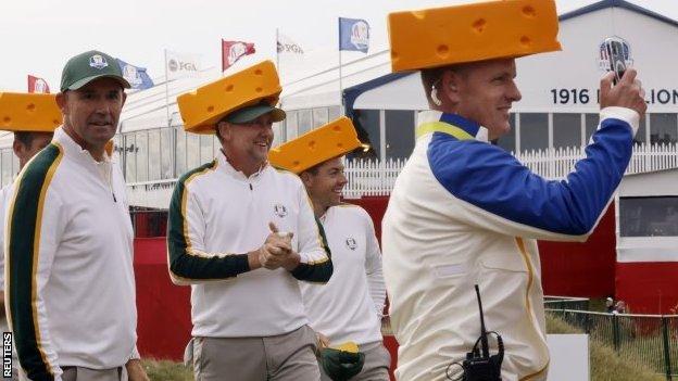 Ian Poulter (centre) with a 'cheesehead' hat