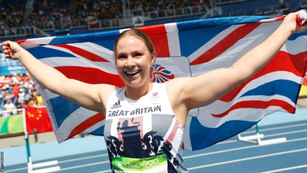 Sophie Hitchon celebrates after winning an Olympic medal