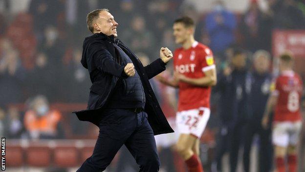 Nottingham Forest boss Steve Cooper celebrates with his trademark punch to the air