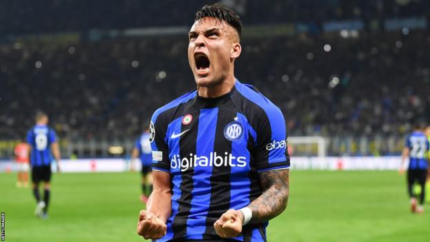 Lautaro Martinez celebrates scoring for Inter Milan against Benfica in the Champions League