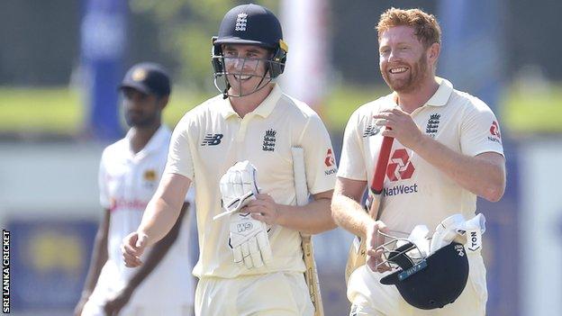 Dan Lawrence and Jonny Bairstow celebrate England's seven-wicket win