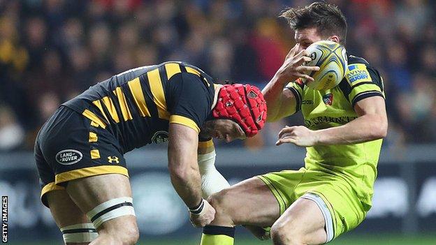 James Haskell suffers a head injury in a tackle on Leicester’s Freddie Burns