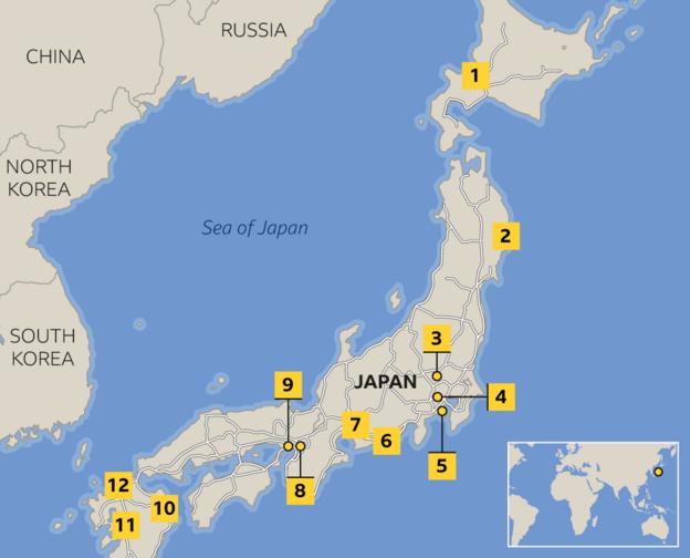 A map of Japan with numbers showing where each stadium is