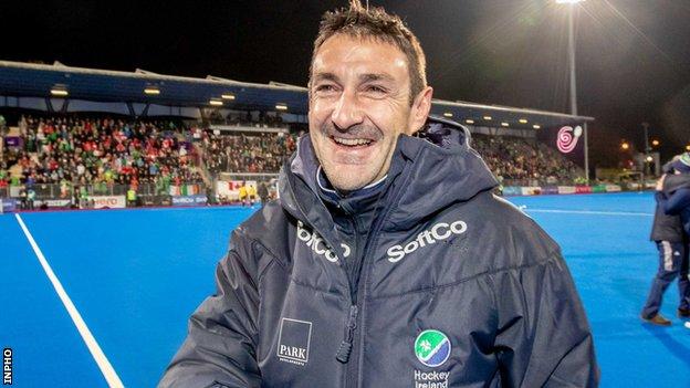 Ireland women's hockey coach Sean Dancer shows his delight after his side's Olympic qualification last November