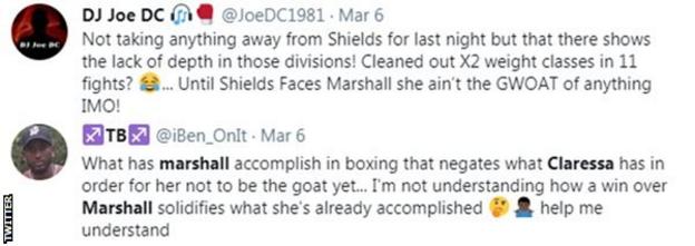 Вболівальники дискутують у Twitter, чи Клариса Шилдс - найкраща жінка-боксер усіх часів.  Хтось каже, що вона не чудова, поки не перемогла Саванну Маршалл, а інший каже, що Шилдс вже закріпив її місце як найкраще.