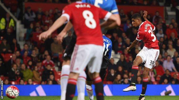 Manchester United striker Marcus Rashford scores the second against Bournemouth