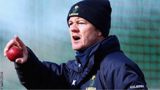 Glamorgan coach Toby Radford makes a point during a net session