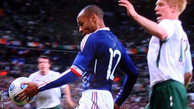 Thierry Henry's handles to set up William Gallas' clinching goal in the World Cup play-off in Paris on 18 November 2009