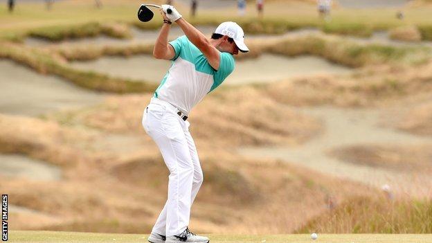 Rory McIlroy tees off at Chambers Bay