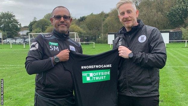 Amateur referee Simon Mahomed, left, promoting the 'No Ref No Game' campaign to tackle the abuse of grassroots officials