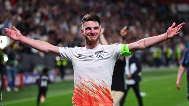 Declan Rice with his arms outstretched after West Ham's Europa Conference League victory