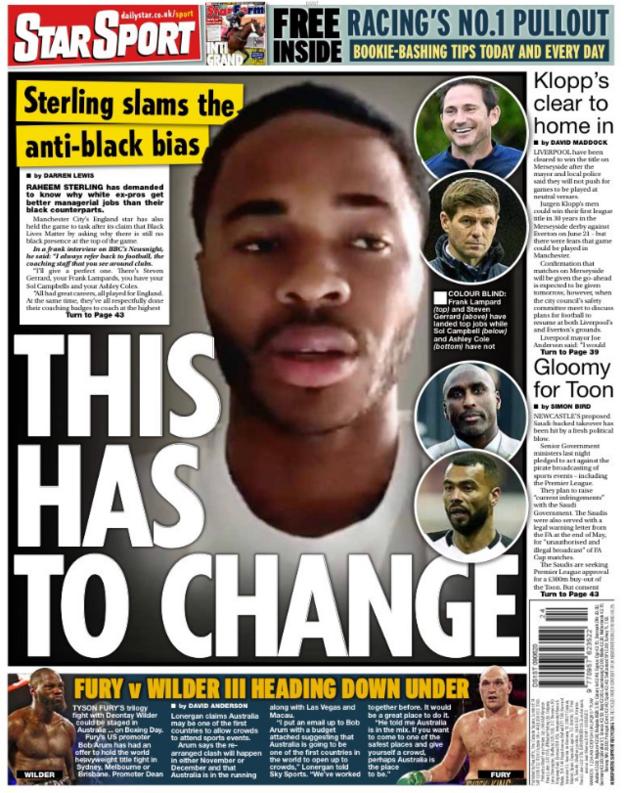 Raheem Sterling is featured on the back of several newspapers on Tuesday