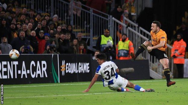 Diogo Jota scoring Wolves' third against Espanyol