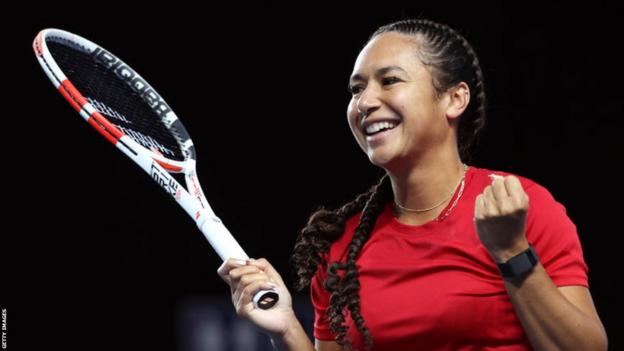 Great Britain's Heather Watson smiles during practice before the Billie Jean King Cup tie against France