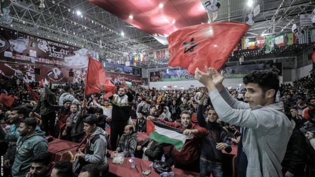 Moroccan supporters celebrate victory in Gaza City, Gaza
