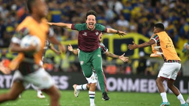 Fluminense's coach Fernando Diniz celebrates their win against Boca Juniors