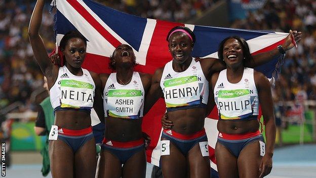 Henry and her Rio 2016 team-mates celebrate winning bronze in the 4x100m relay