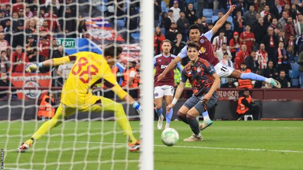Aston Villa striker Ollie Watkins scores against Olympiakos