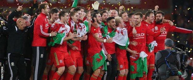 Wales celebrate after qualifying for Euro 2016