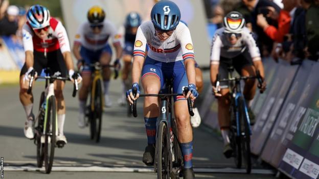 Britain's Pfeiffer Georgi finishes the women's road race in fourth at the European Road Cycling Championships