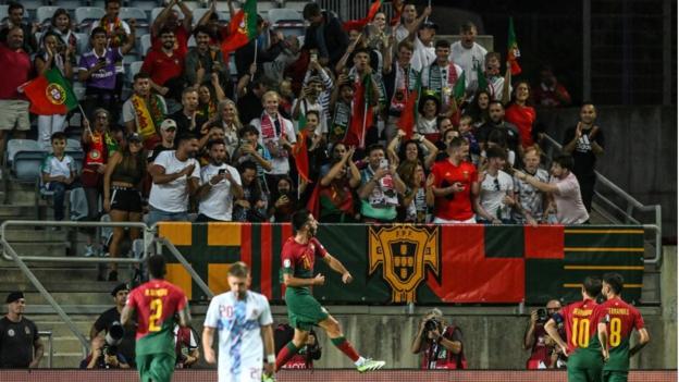 Goncalo Inacio celebrates scoring for Portugal