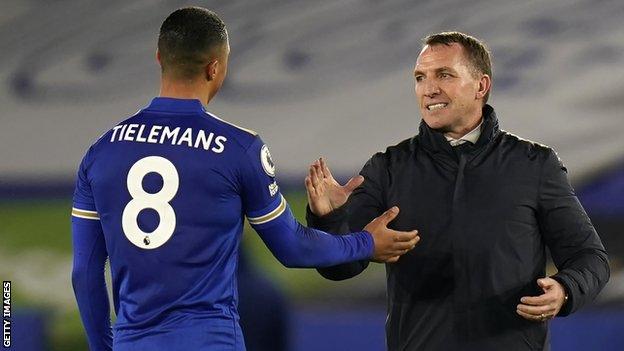 Leicester manager Brendan Rodgers (right) celebrates