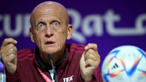 Fifa referees committee chairman Pierluigi Collina addresses a press conference at the Qatar National Convention Center (QNCC) in Doha