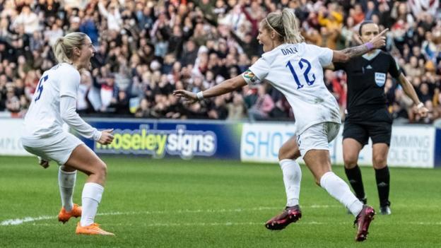 Rachel Daly and Laura Coombs celebrate England's second goal against Italy