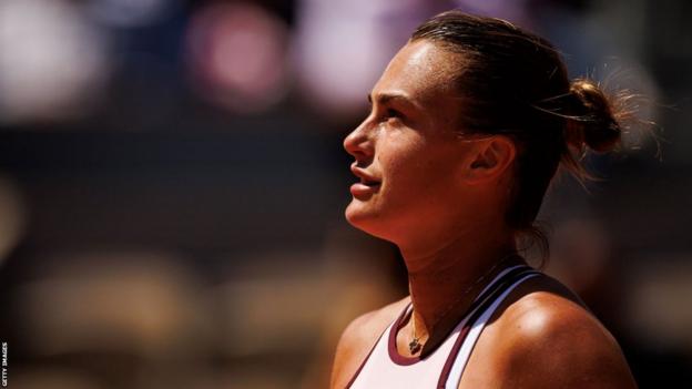 Aryna Sabalenka reacts during her French Open match