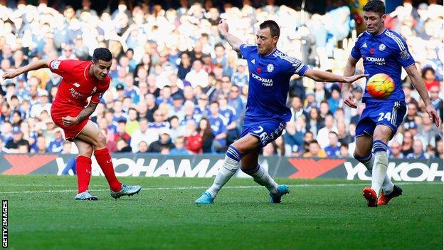Philippe Coutinho scores his second goal for Liverpool at Chelsea