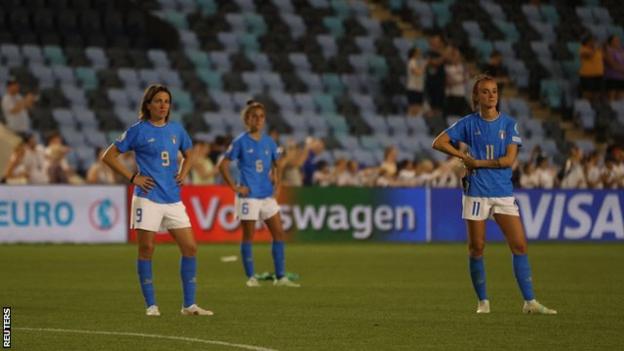 Italy's players react after losing to Belgium at Euro 2022