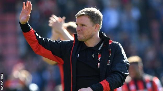 Eddie Howe waves at Bournemouth fans