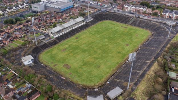 An aerial view of the previous Casement Park GAA stadium