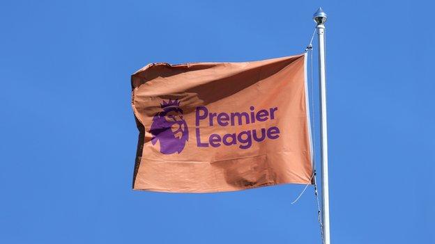 A Premier League flag is seen before the Premier League match between Aston Villa and Everton at Villa Park in August 2022