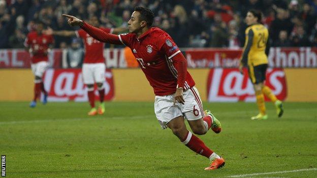 Thiago Alcantara celebrates scoring for Bayern Munich