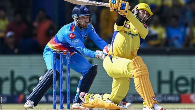 Chennai Super Kings batter Devon Conway plays a shot against Delhi Capitals