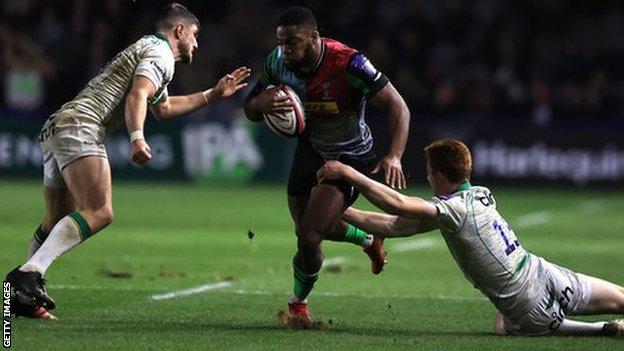 Harlequins' Lennox Anyanwu scoring a try against Northampton Saints