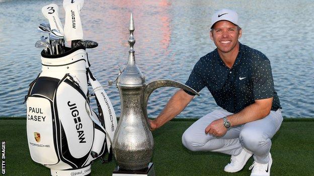 Paul Casey with the trophy after winning the Dubai Desert Classic in 2021