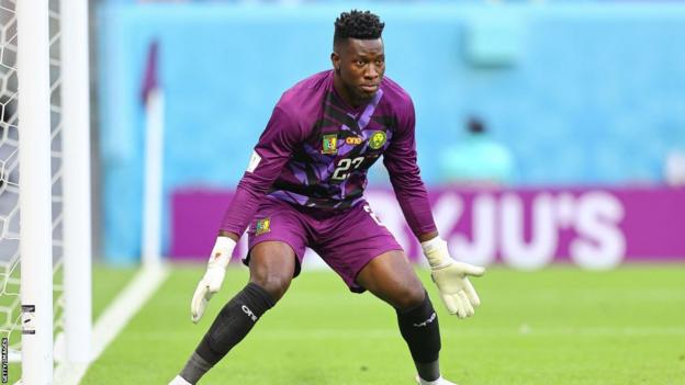 Manchester United goalkeeper Andre Onana playing for Cameroon