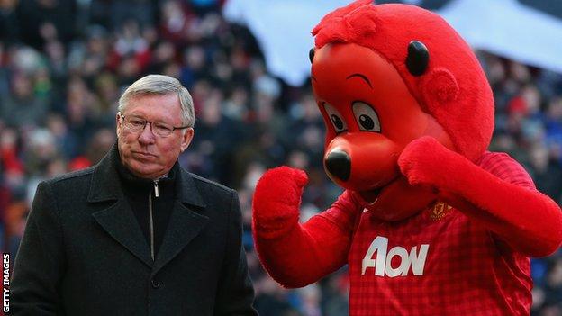 Fred the Red with former Manchester United manager Sir Alex Ferguson