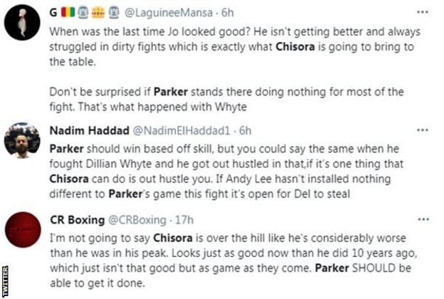 Fans on Twitter discuss who will win between Derek Chisora and Joseph Parker, one fan says Parker should be able to get it done while another says Chisora could out hustle the Kiwi fighter