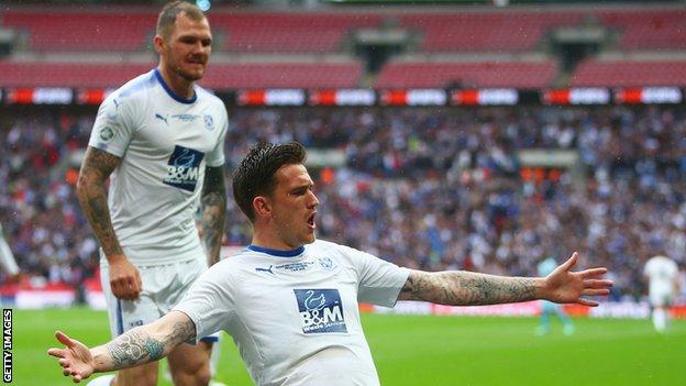 Andy Cook celebrates giving Tranmere Rovers the lead at Wembley