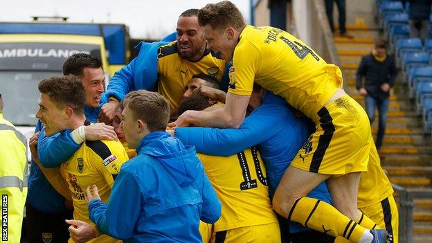 Oxford United celebrate their goal against Bradford