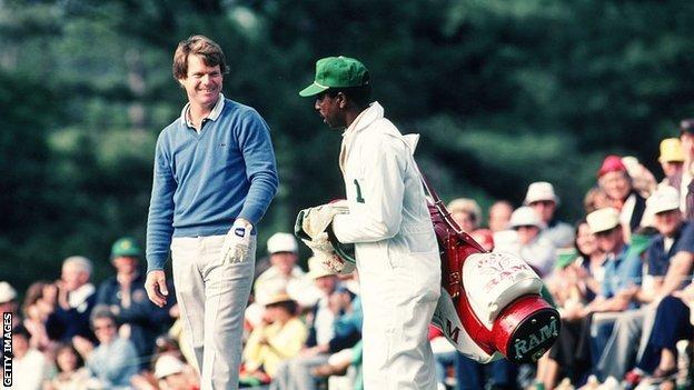 Tom Watson competes in the 1982 Masters at Augusta National, alongside his caddie
