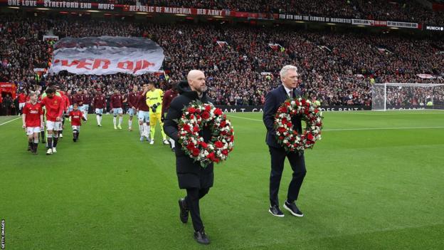 Manchester United manager Erik ten Hag (left) and West Ham boss David Moyes lay wreaths to mark the anniversary of the Munich Air Disaster